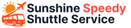 A logo for sunshine speedy shuttle service with a bus and sun