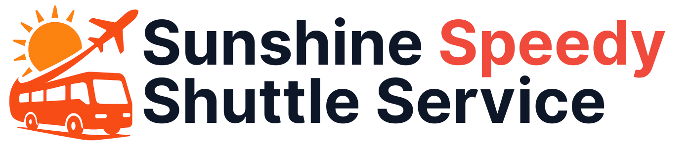 A logo for sunshine speedy shuttle service with a bus and sun