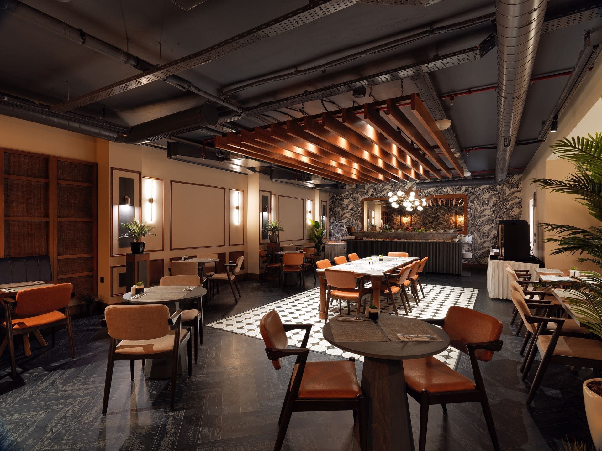 A large room with tables and chairs in it