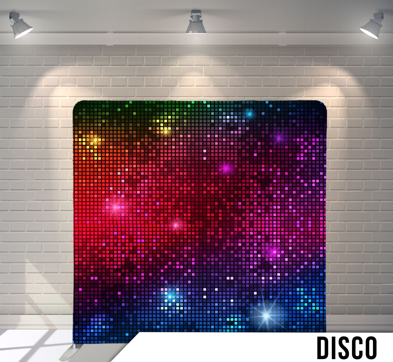 Disco-themed backdrop with colorful pixelated mosaic design.