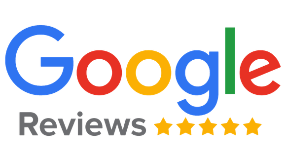 Google Reviews logo with multicolored text and five gold stars.