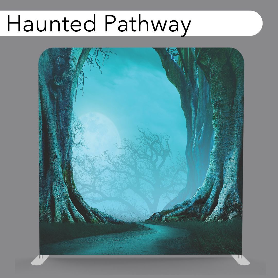 Fabric backdrop with a spooky forest pathway under a glowing moon.