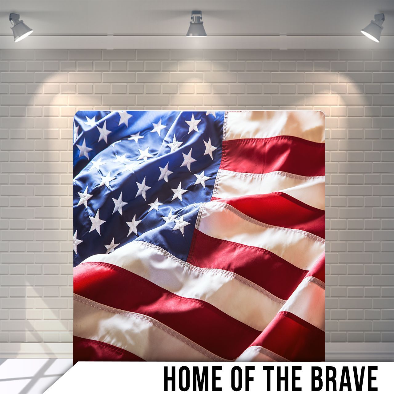 American flag, red and white stripes, blue field with stars, illuminated by spotlights, 