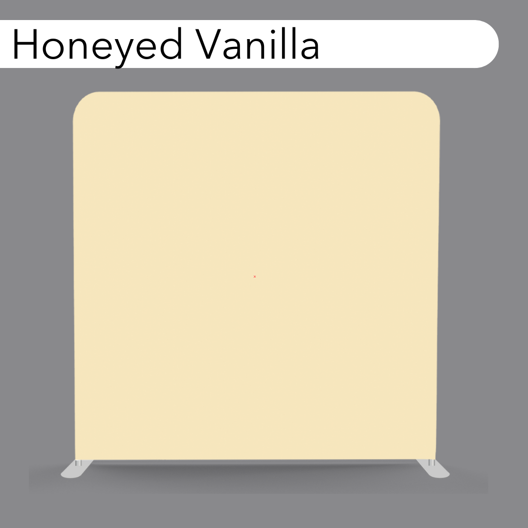 Honeyed Vanilla backdrop with rounded corners, supported by a metal frame, set against a gray background.
