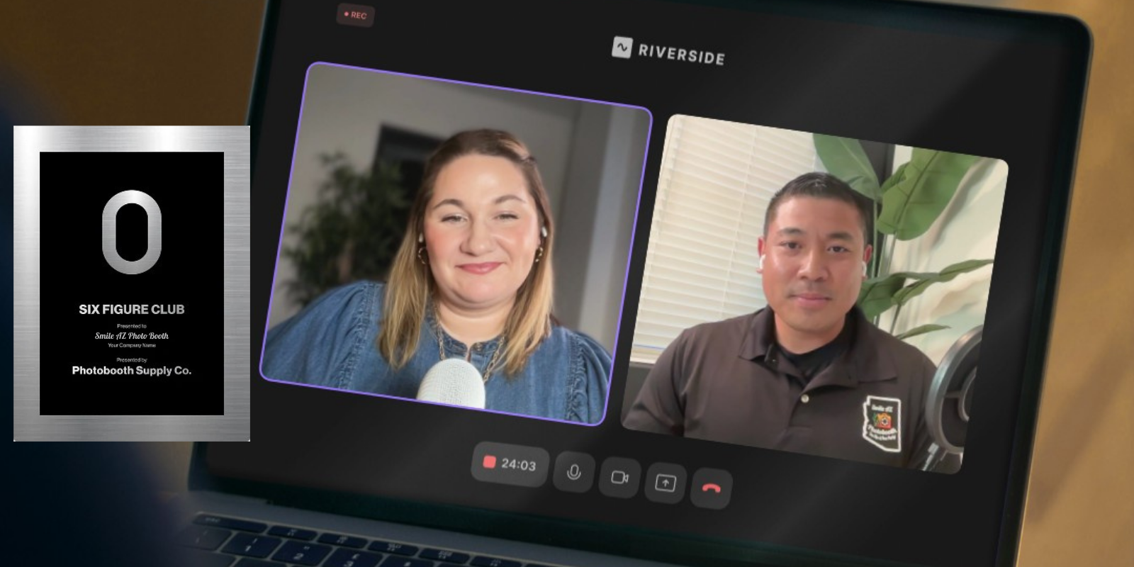Laptop screen shows a video call between a woman and a man. A silver award is on the left.