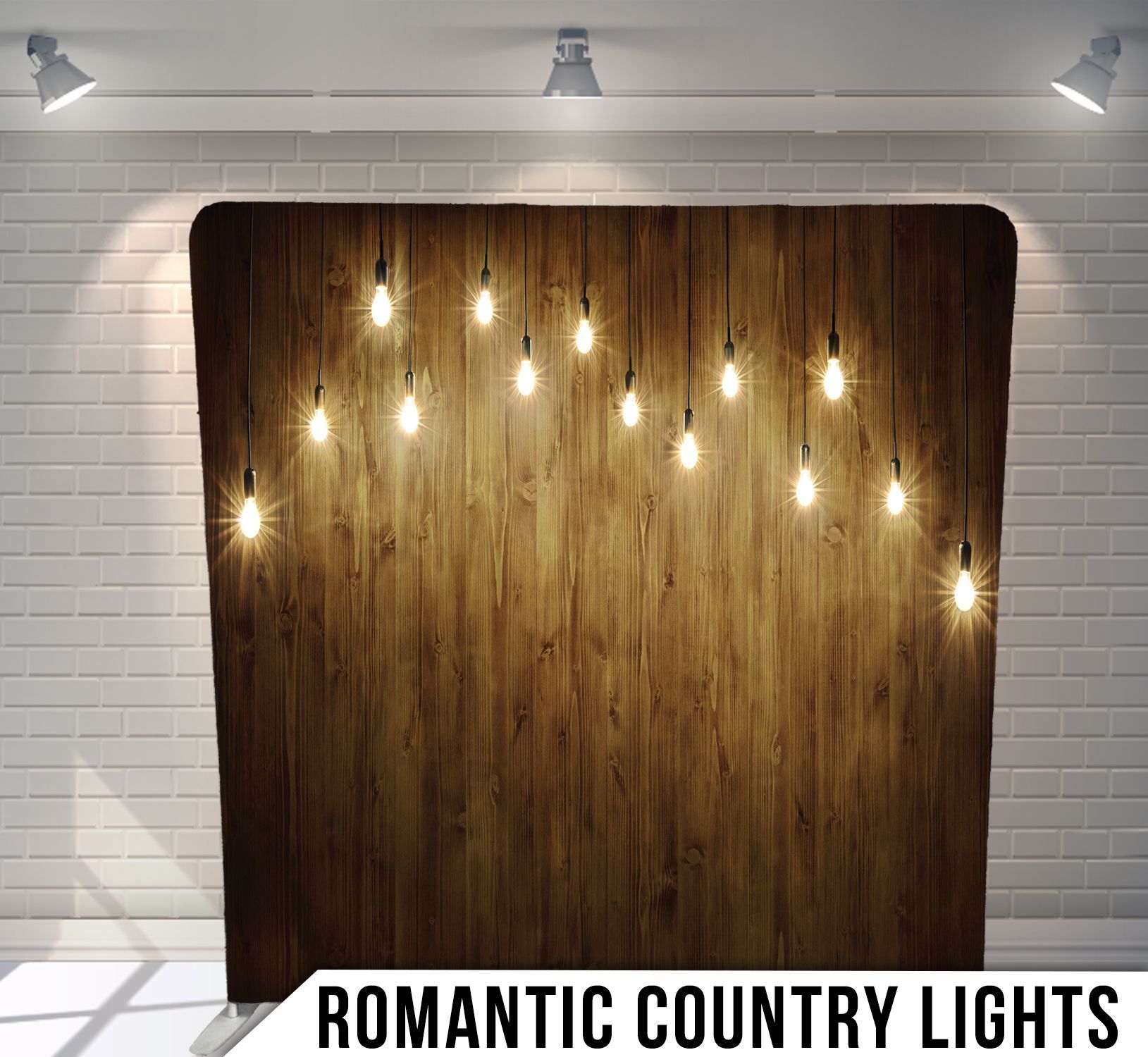 Wooden backdrop with hanging lights, illuminated by spotlights, labeled 