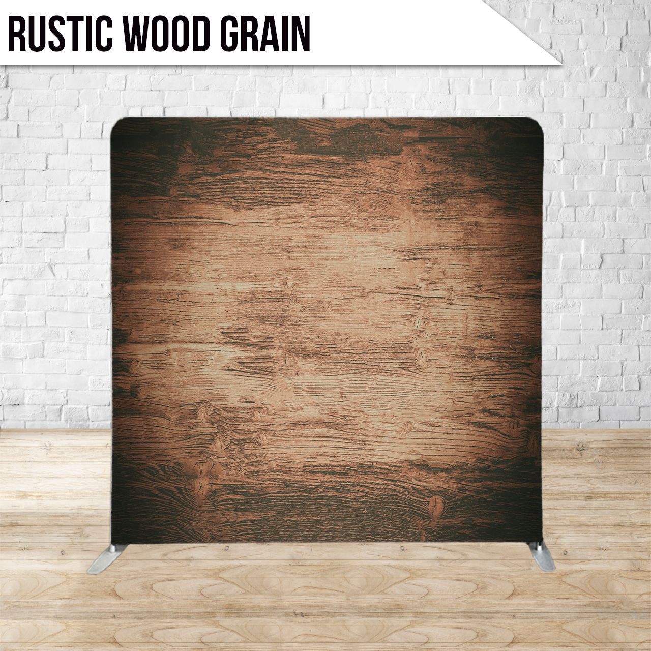 Rustic wood grain backdrop against a white brick wall and wooden floor.