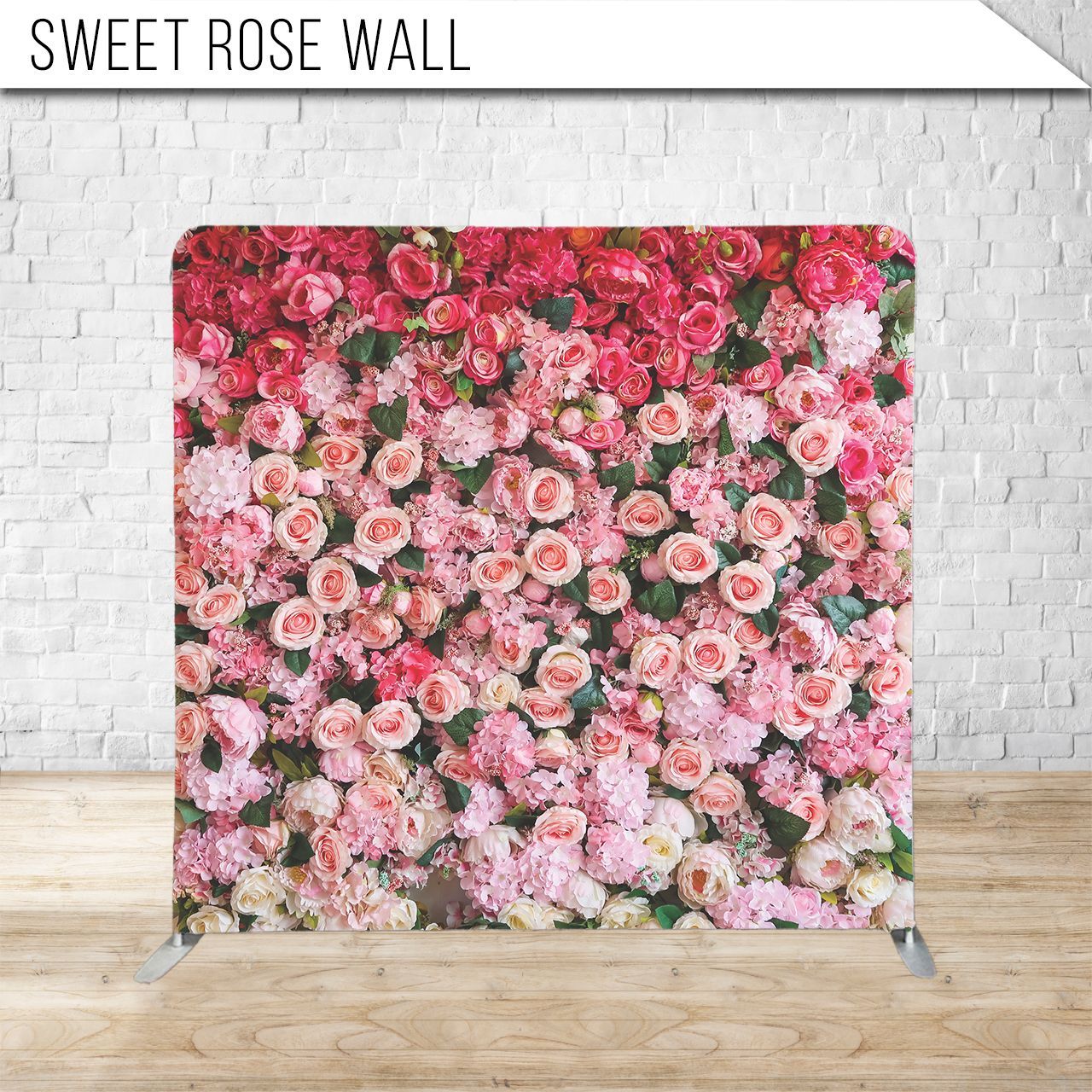 Sweet Rose Wall: A floral backdrop with pink, red, and white roses against a white brick wall.