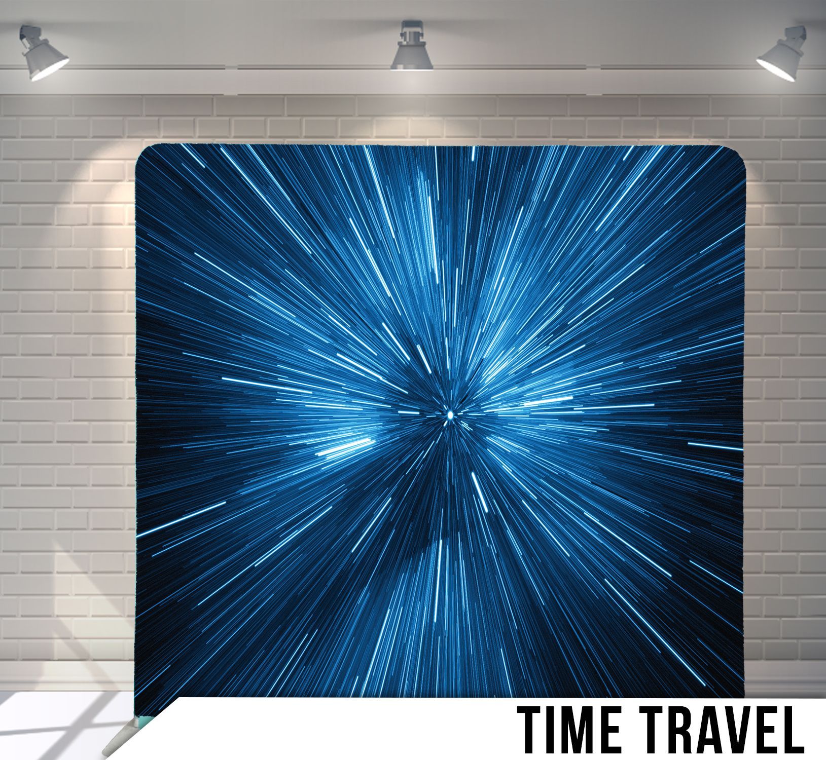 Blue time travel backdrop with white streaks on a white brick wall, lit by spotlights.