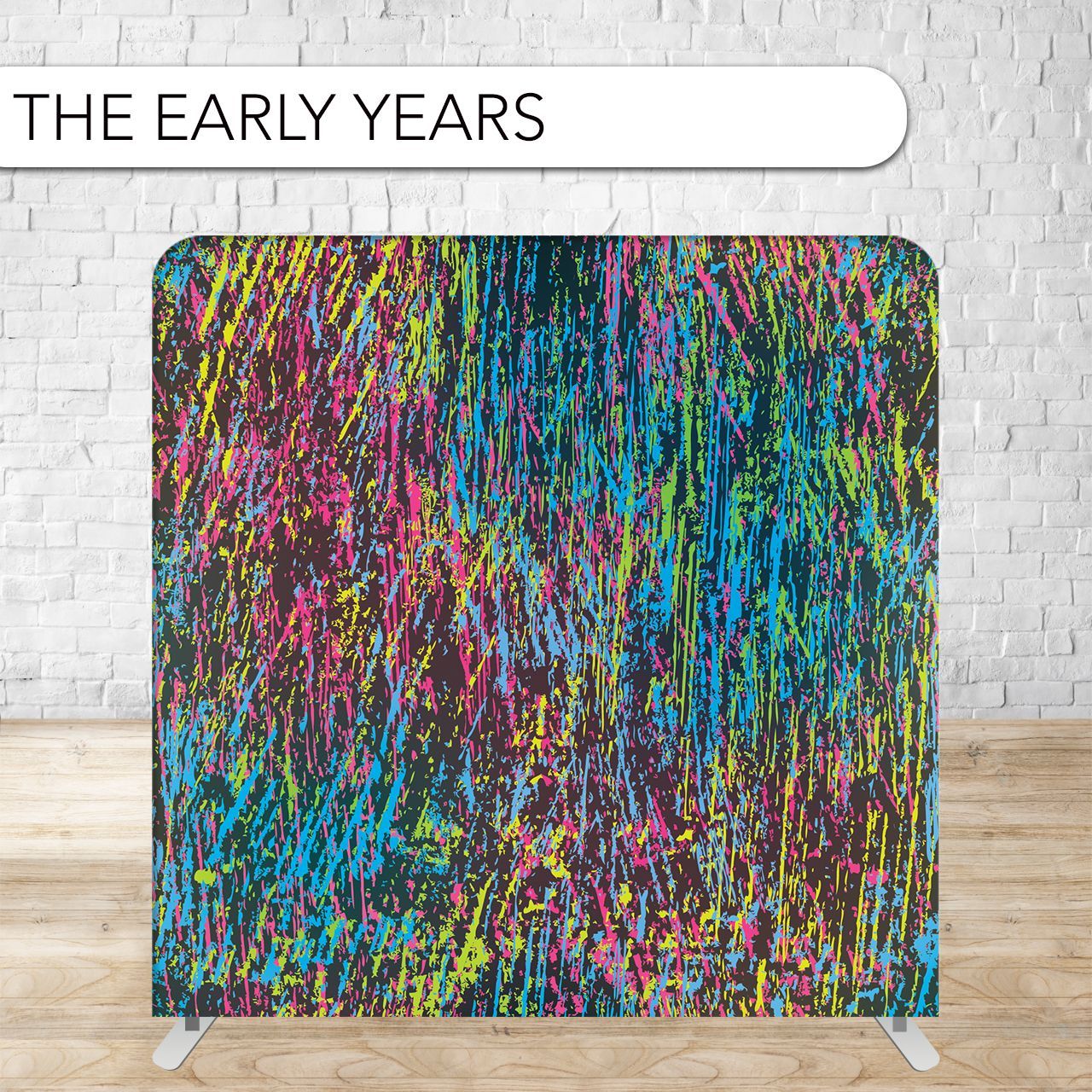 A colorful backdrop with a scribbled pattern, titled 