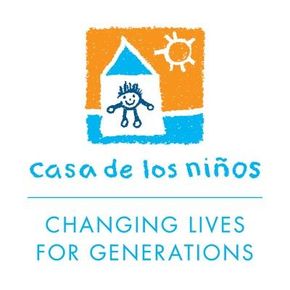 Casa de los Niños logo: Blue house with child inside, orange background with sun, text "Casa de los niños" and tagline.