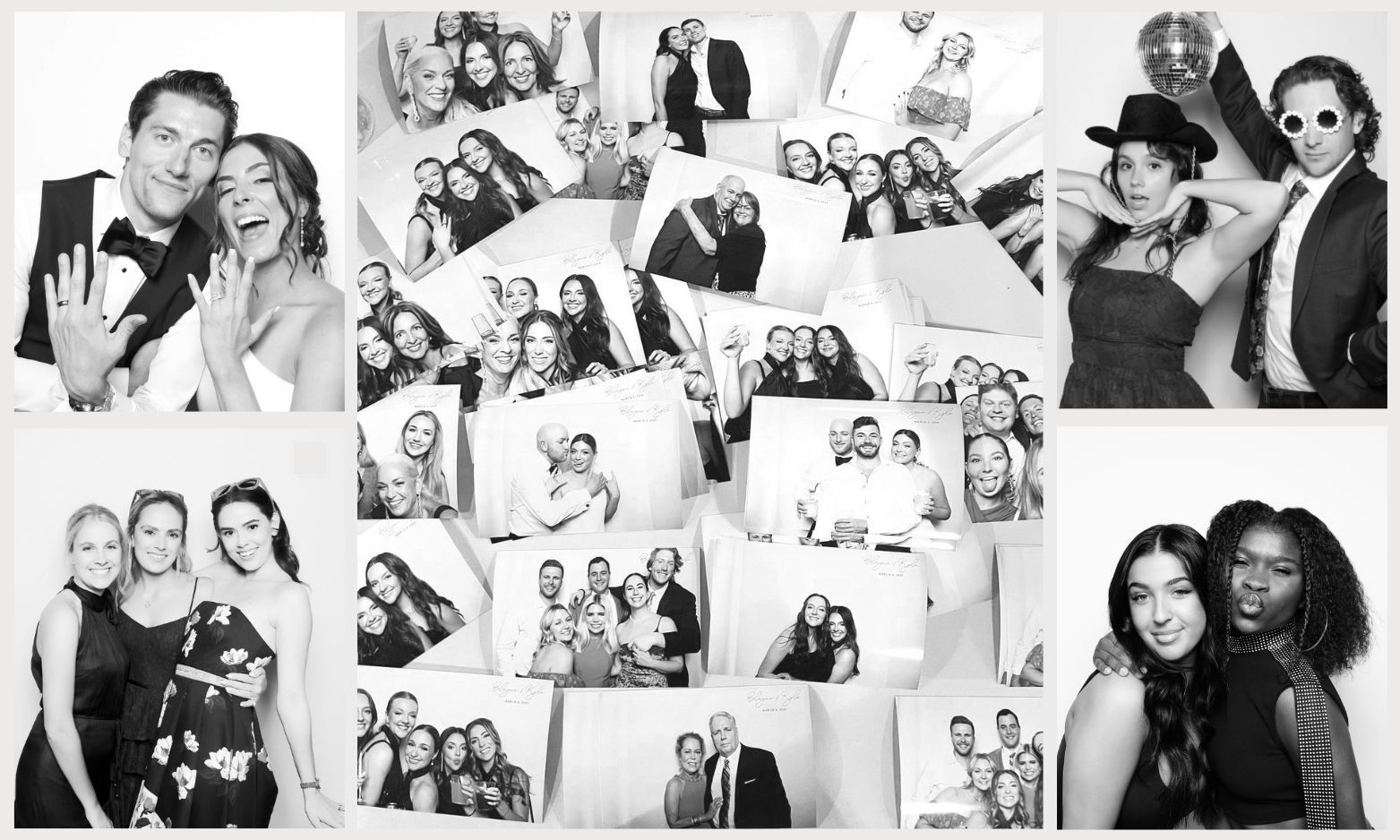 Photo booth collage: Smiling people posing, black and white. Groups, couples, and individuals show various expressions.