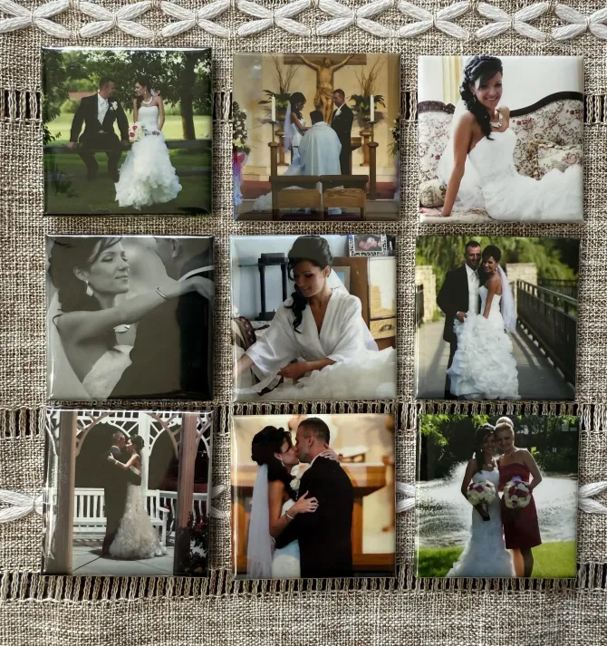 Nine wedding photos arranged in a grid. Couples in white dresses and suits, various outdoor and indoor settings.
