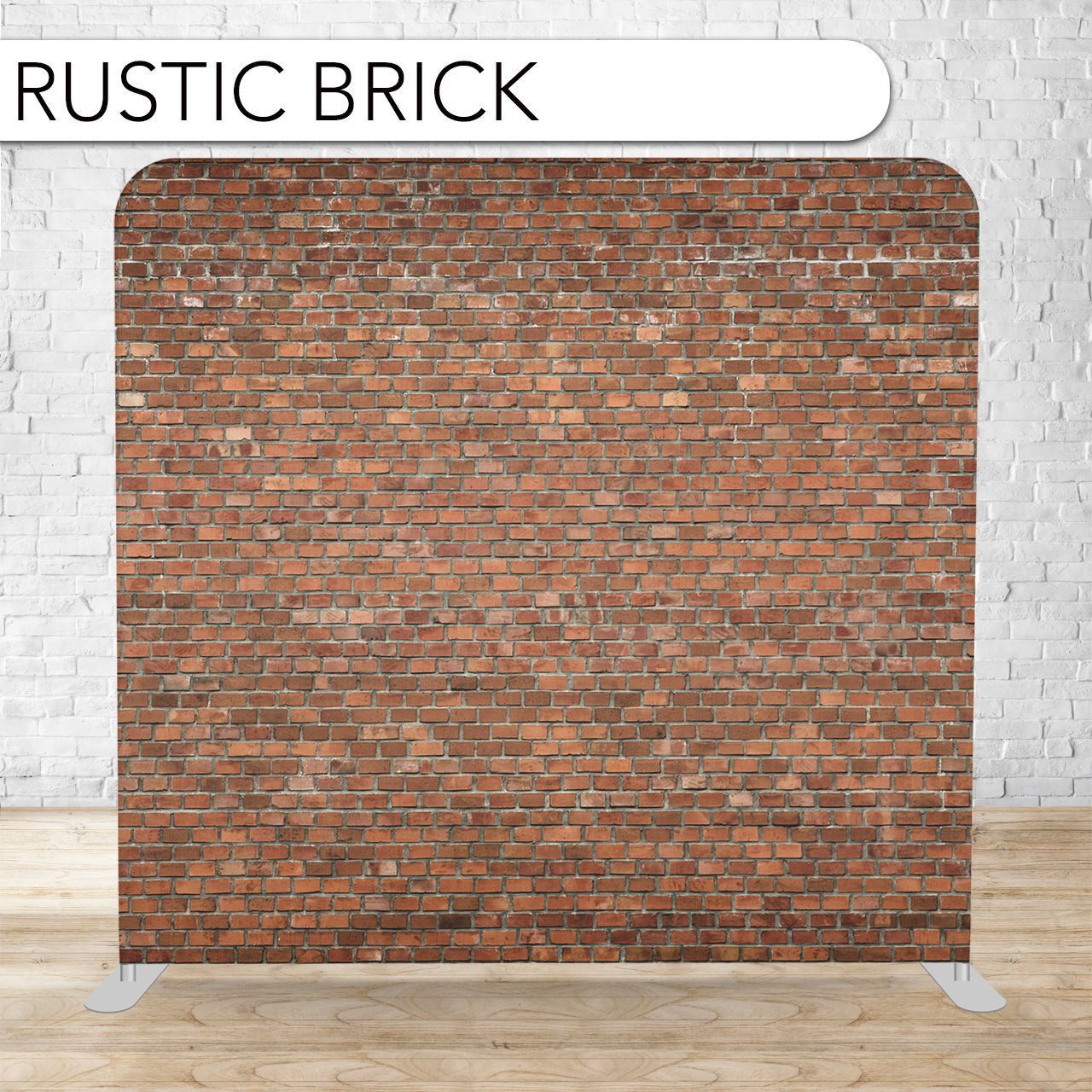 A fabric backdrop with a rustic brick texture on a white frame, displayed against a brick wall.