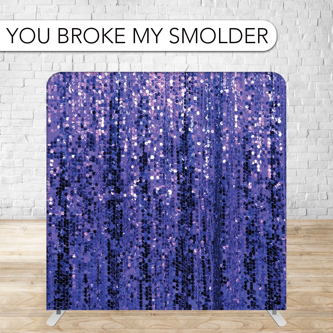 Purple sequin backdrop with text 