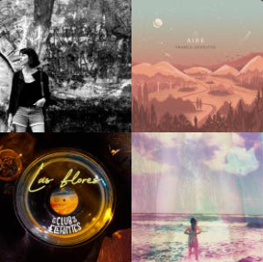 Cuatro portadas de álbumes: mujer junto a un grafiti, paisaje con figuras, disco de vinilo, persona en el agua.