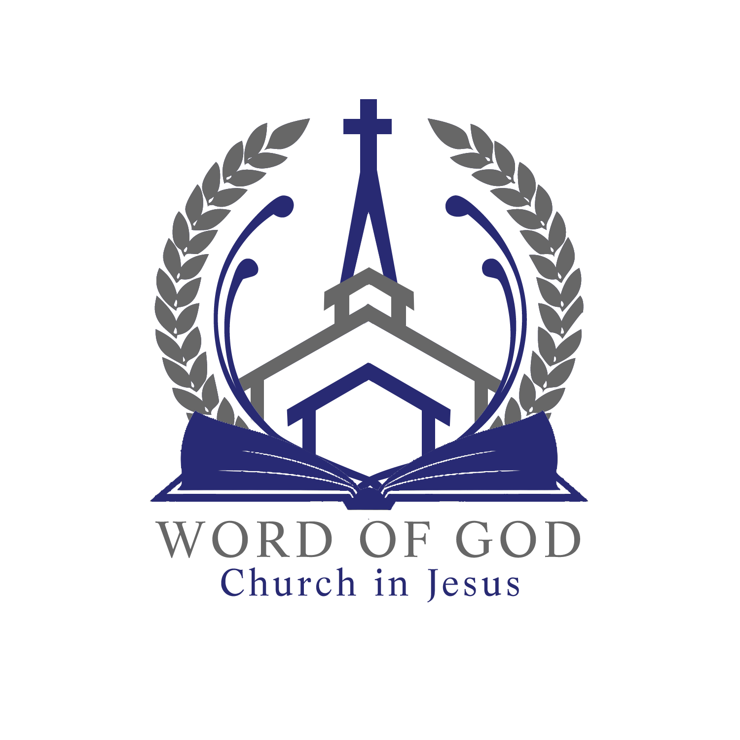 Church logo with a church building, cross, and open book, surrounded by laurel and text.