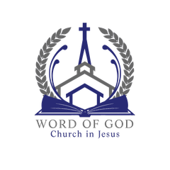 Church logo with a church building, cross, and open book, surrounded by laurel and text.