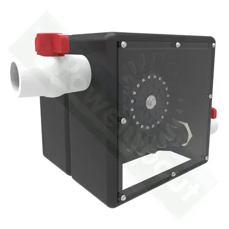 Black water filter with a transparent front panel, white pipes, and a red valve.