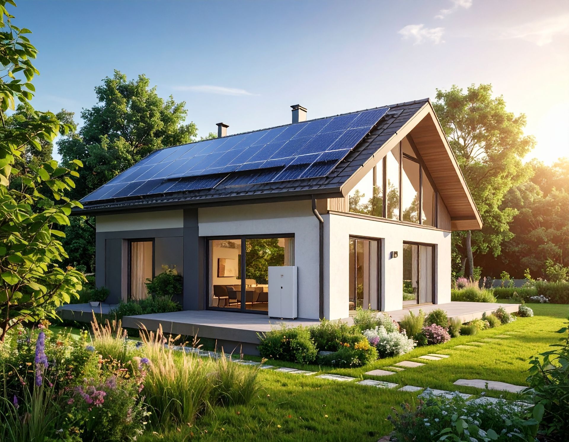 A modern house with solar panels on its roof, a home battery unit on the patio, and a lush, sunlit garden.