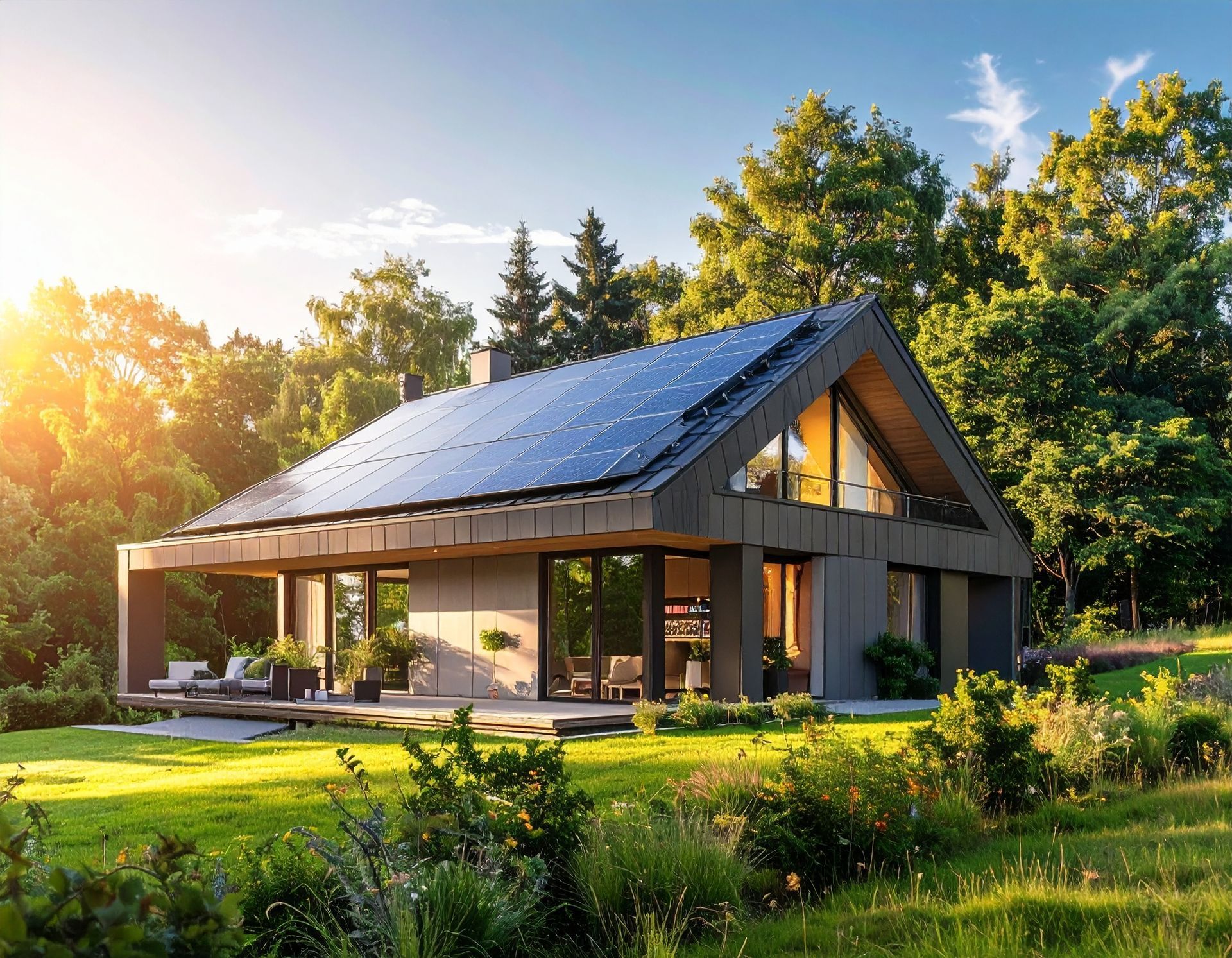 A modern home with large glass walls and solar panels on its roof, set in a sunny, tree-lined meadow.