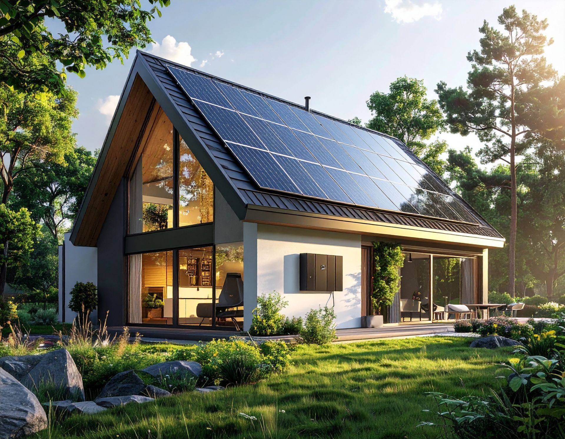 Modern A-frame house with solar panels on the roof and a home battery unit on the wall, set in a sunny, green garden.
