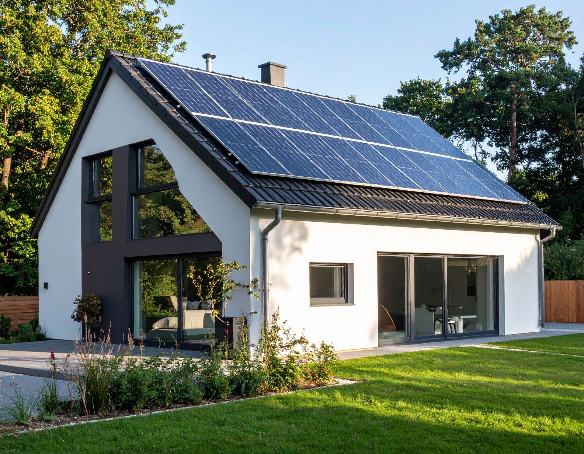 A modern white house with large glass windows and solar panels on the dark roof, set in a green lawn with trees nearby.