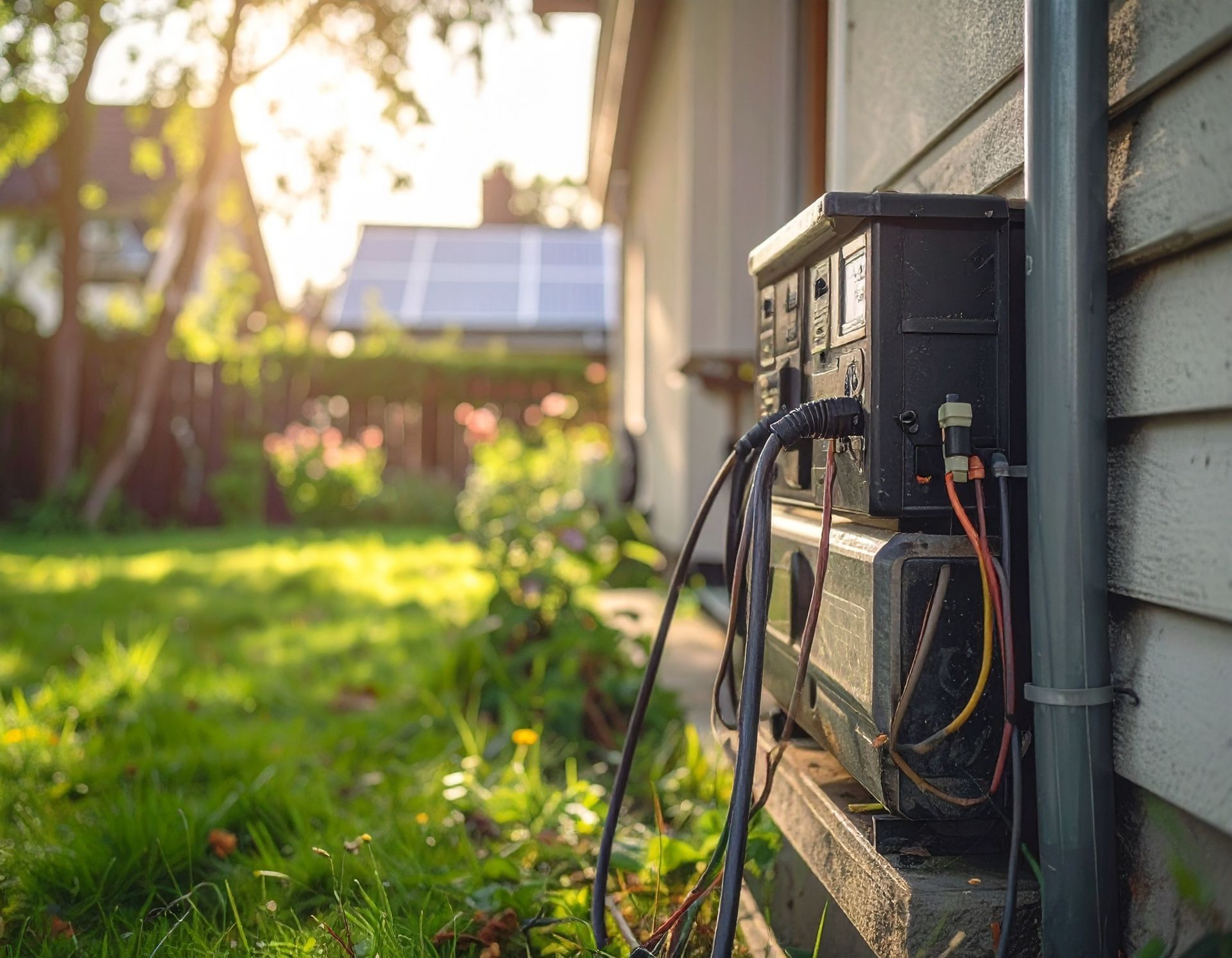 An electrical breaker box mounted to the exterior of a house, with wires connected to it, overlooking a sunny backyard.