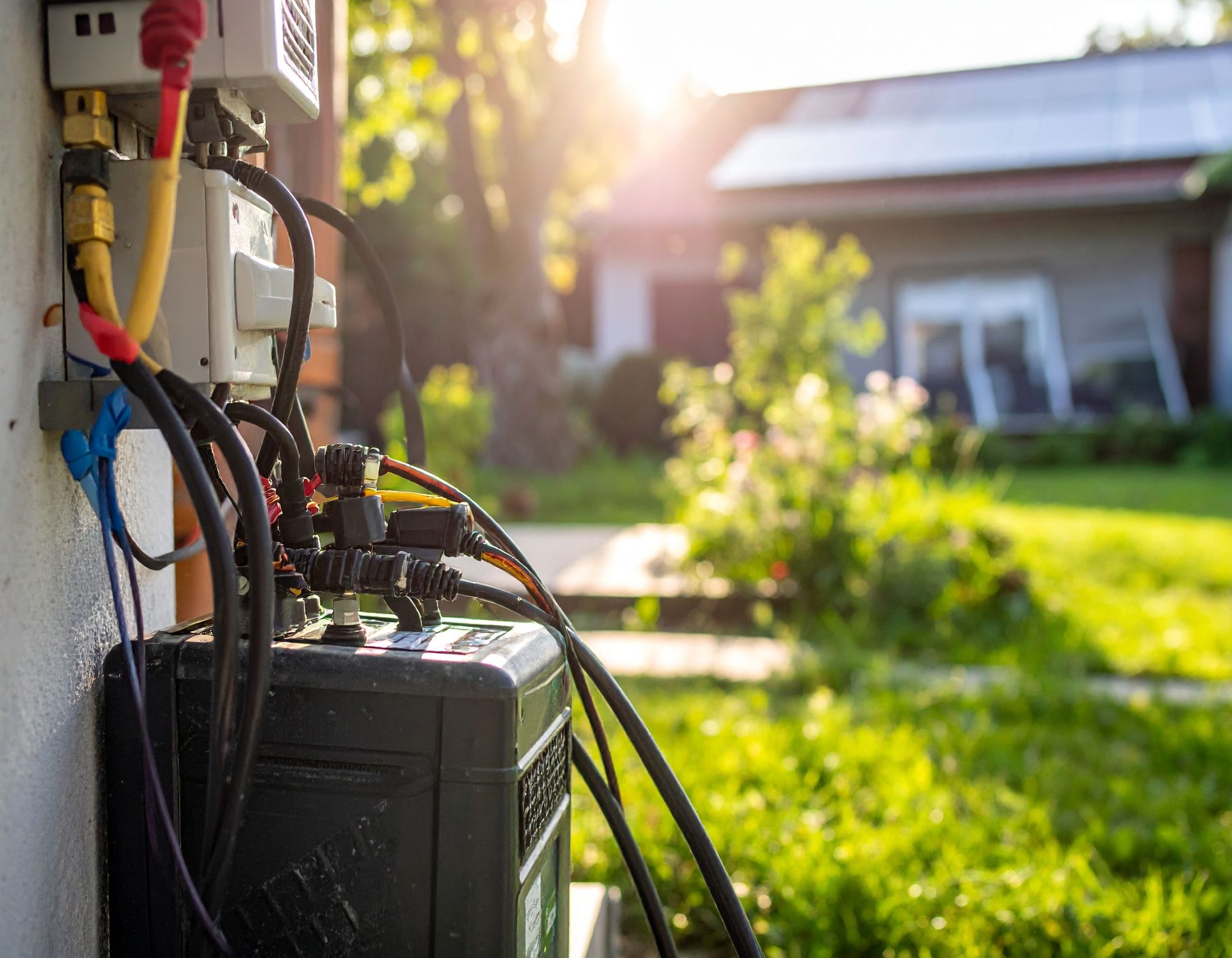 Electrical equipment with wires mounted on a wall outdoors, with a blurred house and garden in the background.