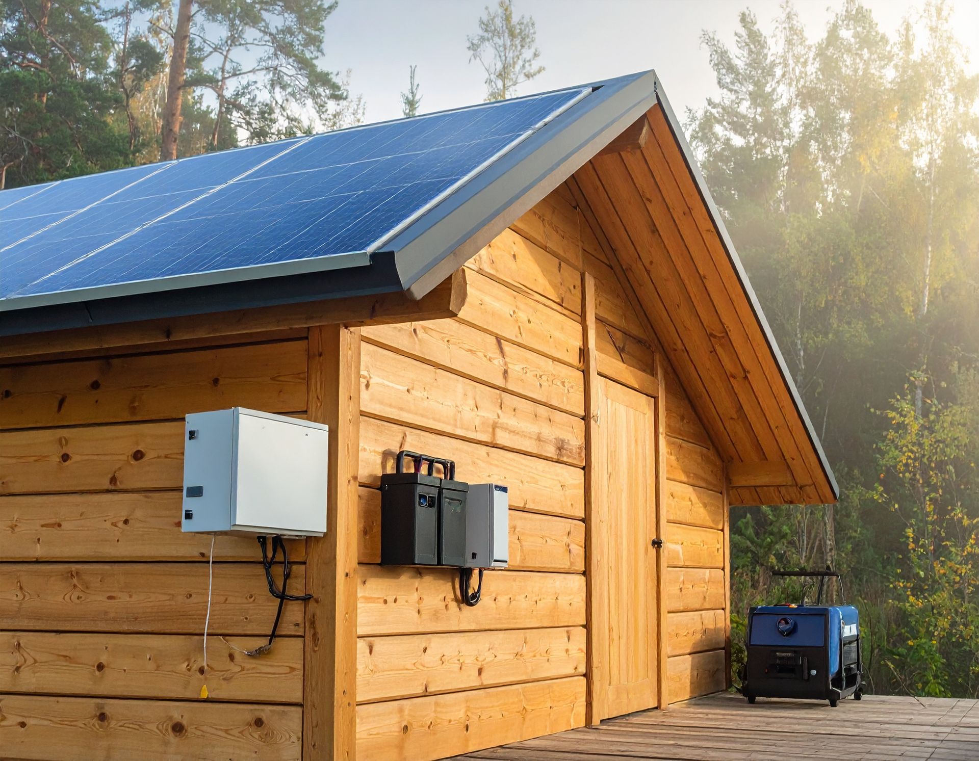 Solar panels on a wooden cabin with mounted electrical components and a portable power generator on a deck.