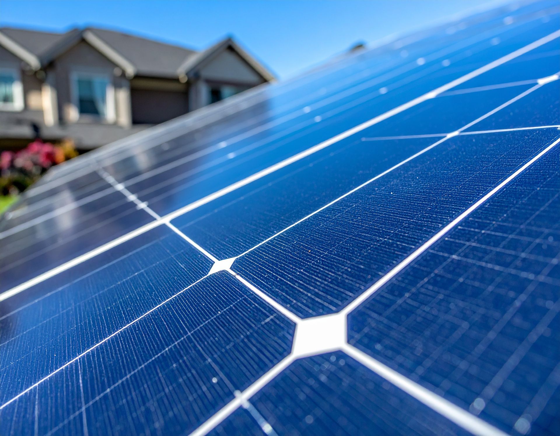 A close-up, angled view of a blue solar panel with a residential home blurred in the background under a clear sky.