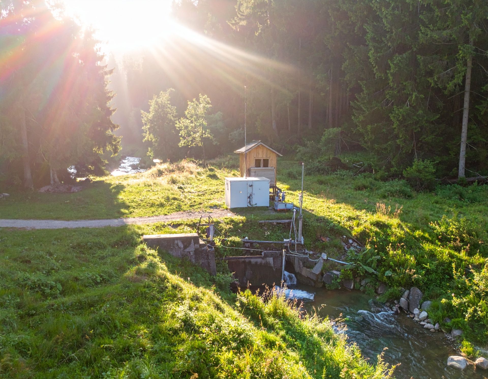 Sunlight streams over a small wooden shed and white storage container located by a stream in a forest clearing.