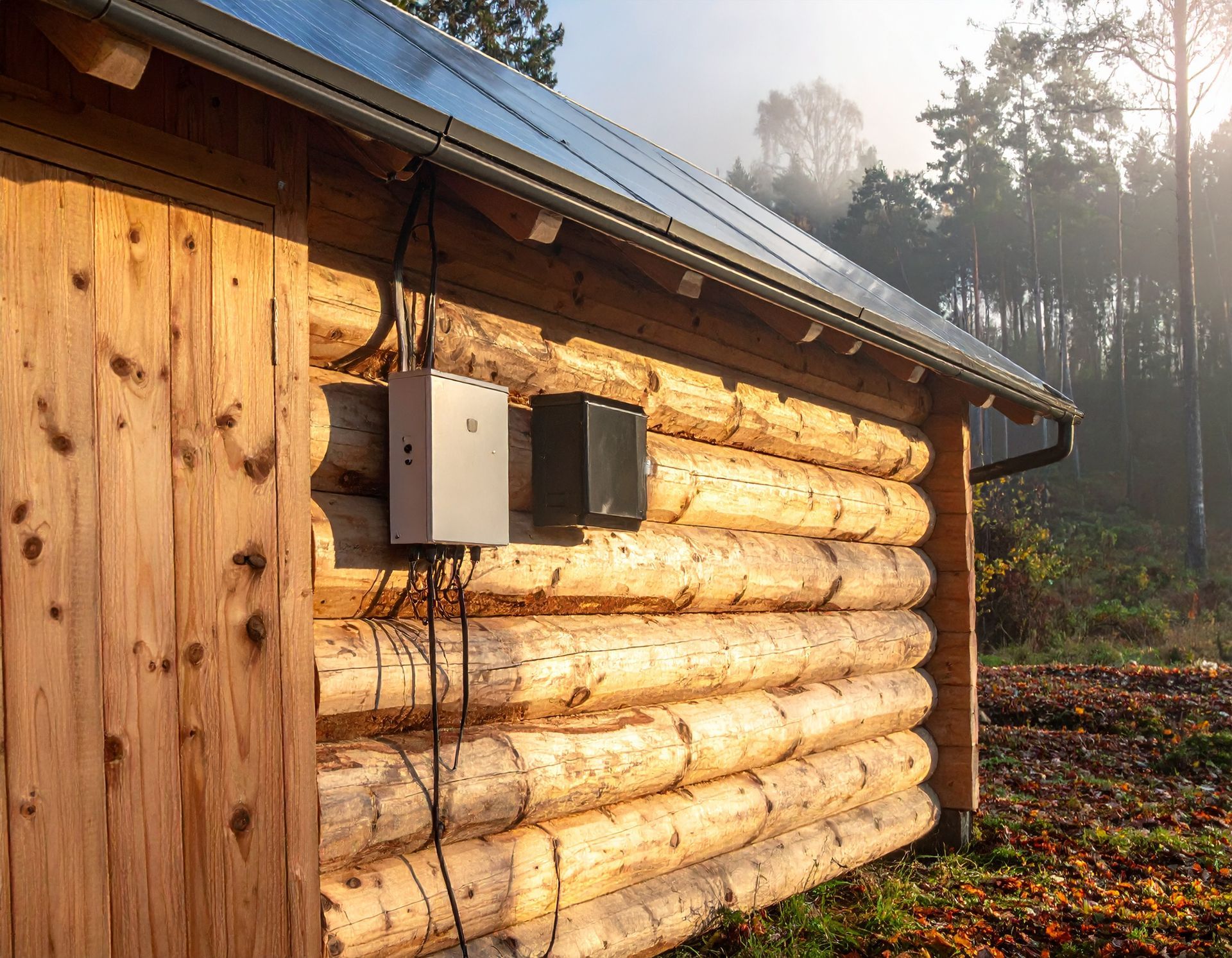 A log cabin wall featuring two electrical boxes mounted on the exterior, with a portion of a metal roof visible above.