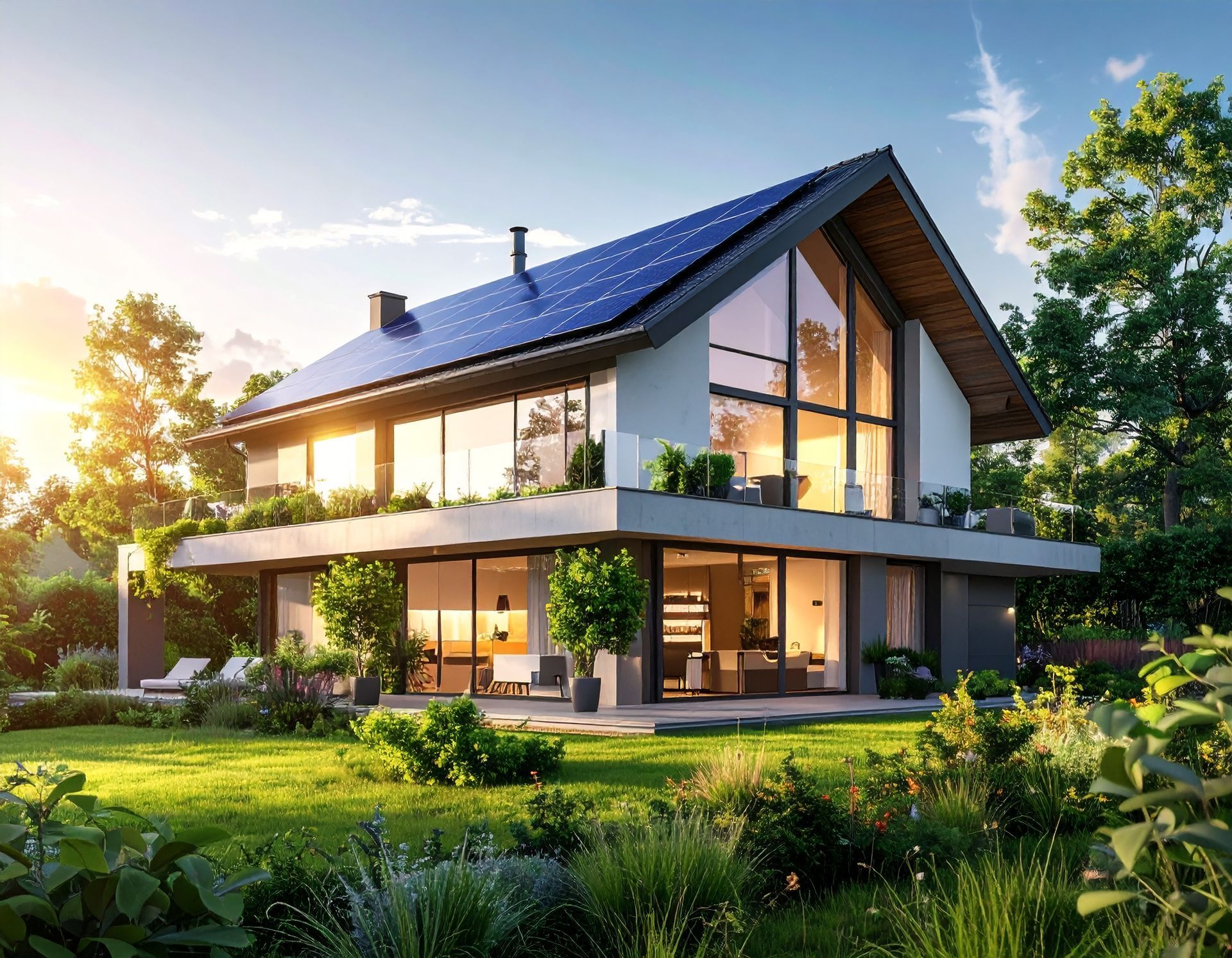 A modern, two-story house with a solar-paneled roof, large glass windows, and a lush green lawn at sunset.
