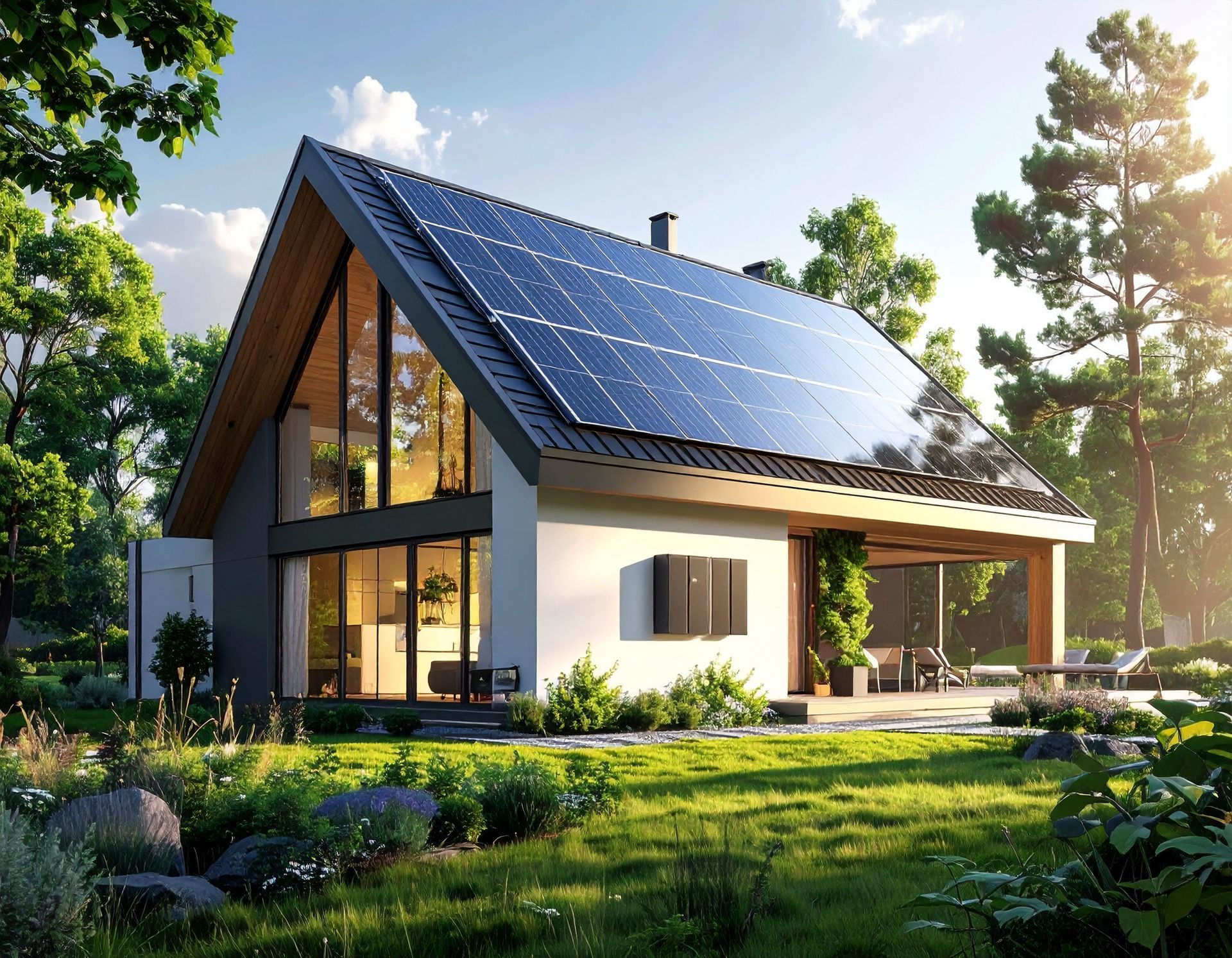 A modern A-frame house with solar panels on the roof, surrounded by a lush green garden at sunset.