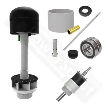 An exploded view of a water turbine and its components, displayed on a white background.