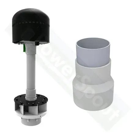 Turbine for watercraft, black top, gray stem, white base, and a separate PVC fitting.