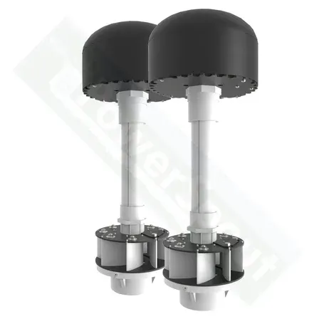 Two white and black air diffusers with impeller fans and a dome.