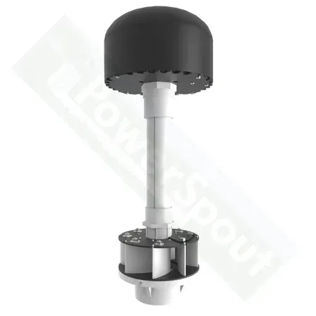 Vertical water pump with black cap and white pipes.