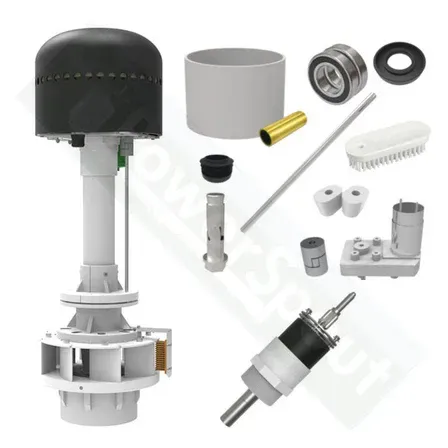 Various toilet flush valve parts arranged on a white background. Components include a cylindrical valve assembly, brush, and other fittings.