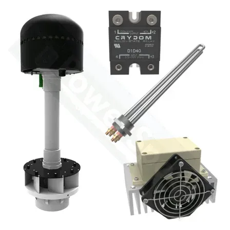 Components of an industrial system: a water heater, a fan, a solid state relay, and a black and white device.