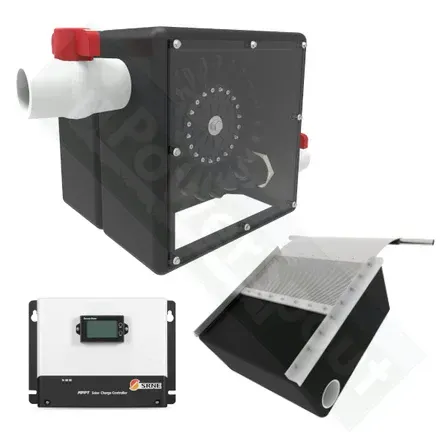 Solar panel system components: black box, inverter, and screen, against a white background.