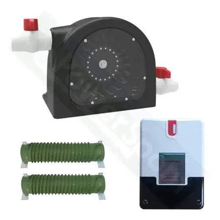 Solar water heating system components: turbine, electrical resistors, and inverter.