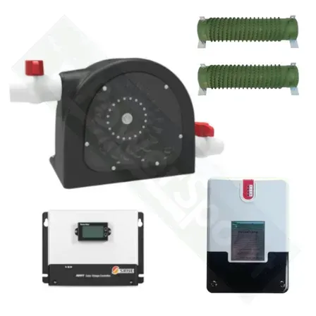 Collection of solar panel components: water pump, resistors, and power inverters.