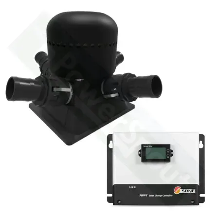 Solar water pump with a black plastic housing and a white solar charge controller.