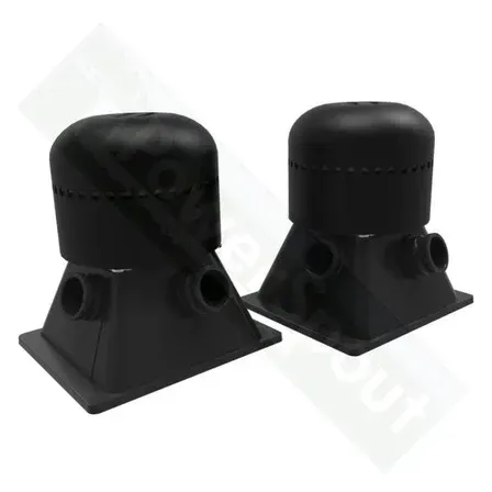Two black plastic air vents with a conical base and rounded top, each with three side openings.