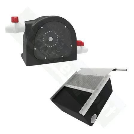 Black water filtration system components, a housing unit and a debris screen.