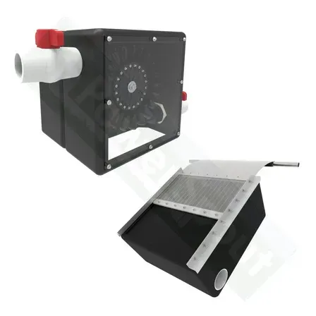 Black mesh aquarium filter with white pipe fittings, two views: assembled and disassembled.