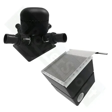 Two black pond filters: a dome-shaped filter with multiple pipes, and a rectangular screen filter.