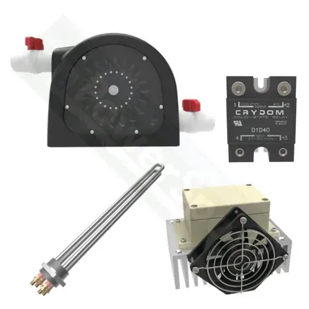 Components of a liquid chiller system: a pump, solid-state relay, heater, and heat sink with fan.